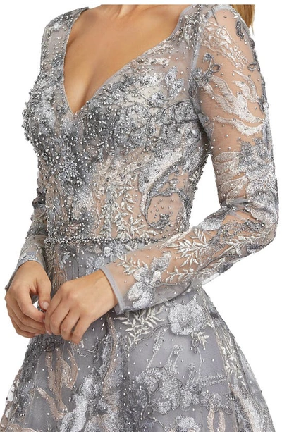Shop Mac Duggal Beaded Floral Overlay Long Sleeve Tulle A-line Gown In Grey Multi