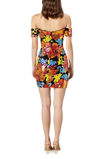 Dress The Population Jada Floral Sequin Off The Shoulder Cocktail Minidress In Tangelo Multi