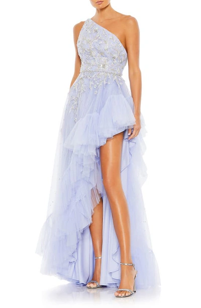 Shop Mac Duggal Beaded One-shoulder High-low Tulle Gown In Periwinkle