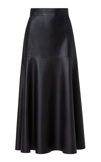 Akris Leather Trapezoid Bodice Flared Midi Dress In Black