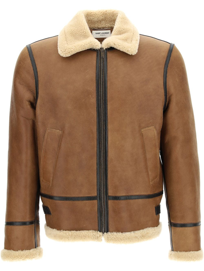 Shop Saint Laurent Lamb Leather Jacket In Brown