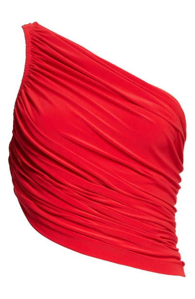 Shop Norma Kamali Diana One-shoulder Swim Top In Tiger Red
