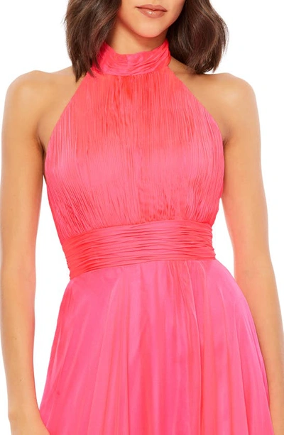 Shop Mac Duggal Halter Neck Tiered Satin Gown In Hot Pink