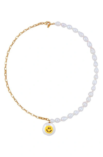 Shop Martha Calvo All Smiles Baroque Pearl & Chain Necklace In Gold