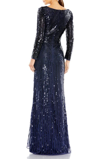 Shop Mac Duggal Long Sleeve Sequin Faux Wrap Gown In Midnight