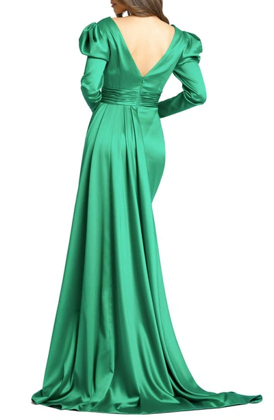 Shop Mac Duggal Puff Sleeve Satin Faux Wrap Gown In Emerald