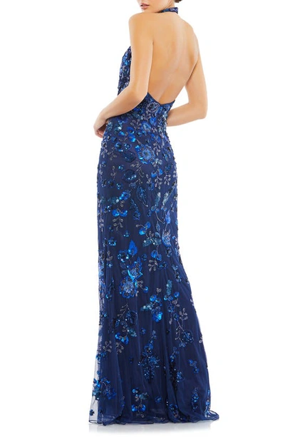 Shop Mac Duggal Sequin Floral Halter Neck Sheath Gown In Midnight