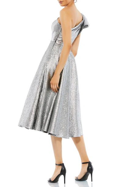 Shop Mac Duggal One-shoulder Metallic Brocade Midi Cocktail Dress In Silver