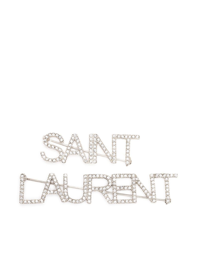 Shop Saint Laurent Logo Pin In Grey