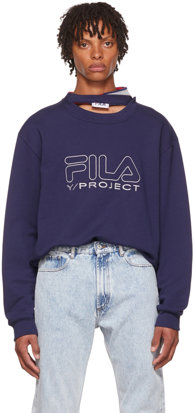 Y/project X Fila Three-collar Cutout Cotton Sweatshirt In Navy | ModeSens