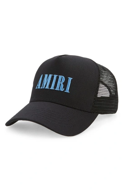 Shop Amiri Core Logo Trucker Hat In Black / Dusty Blue
