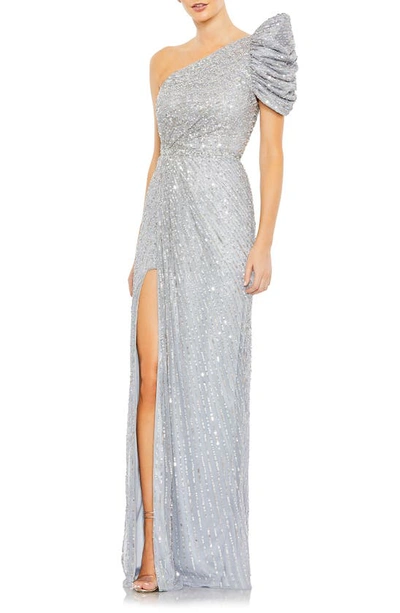 Shop Mac Duggal Sequin One-shoulder Tulle Column Gown In Silver