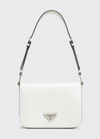 Shop Prada Triangle Logo Brushed Leather Shoulder Bag In F0pg7 Bianco N