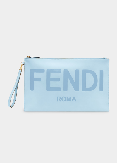 Shop Fendi Roma Logo Large Pouch Clutch Bag In Baby Blue