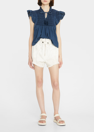 Shop Sea Simona Denim Smocked Flutter Sleeve Top In Blue