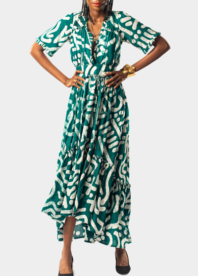 Shop Busayo Tomi V-neck High-low Maxi Dress In Green/white