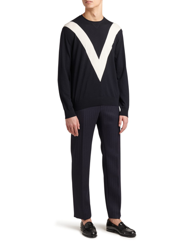 Shop Valentino Men's Bicolor V Intarsia Sweater In Navy/white