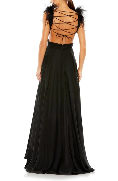 Shop Mac Duggal Feather Trim Plunge Neck A-line Gown In Black