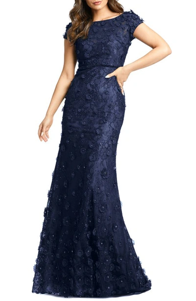 Shop Mac Duggal Floral Appliqué Lace Trumpet Gown In Midnight