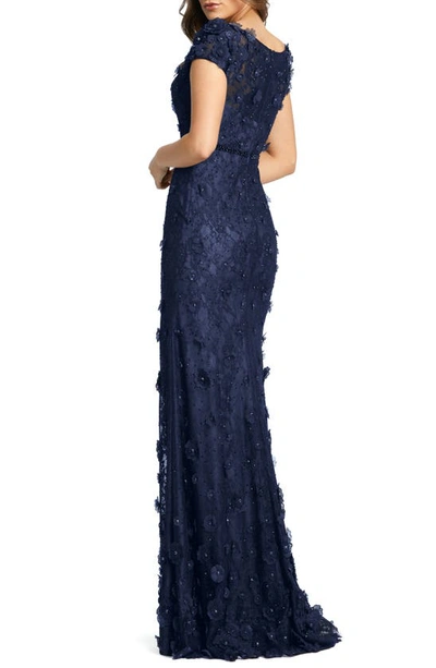 Shop Mac Duggal Floral Appliqué Lace Trumpet Gown In Midnight