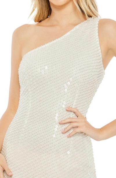Mac Duggal Imitation Pearl One-shoulder Asymmetric Gown In White