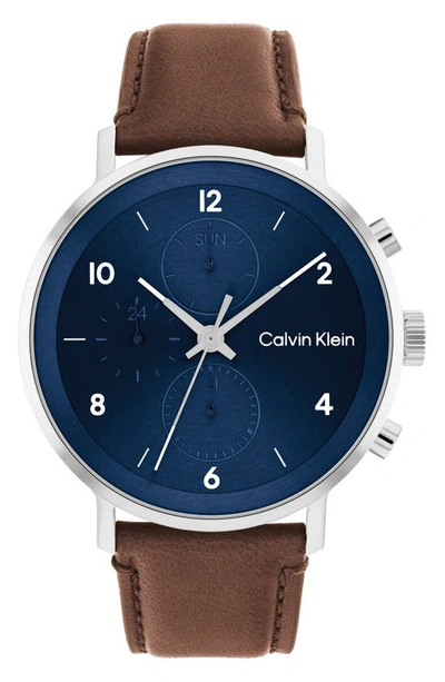Shop Calvin Klein Chronograph Leather Strap Watch, 44mm In Blue