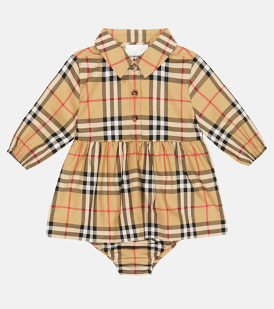 Shop Burberry Baby Archive Check Cotton-blend Dress And Culottes Set In Archive Beige Ip Chk