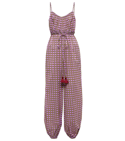 Shop Tory Burch Printed Cotton Voile Jumpsuit In 3d Check Logo Lilac