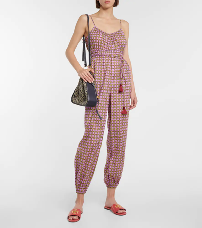 Shop Tory Burch Printed Cotton Voile Jumpsuit In 3d Check Logo Lilac