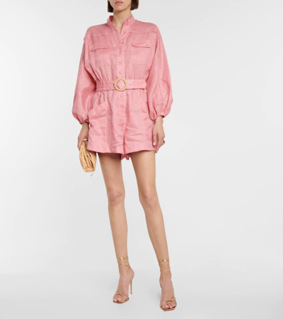 Shop Zimmermann Anneke Belted Linen Romper In Rose