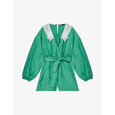 Shop Maje Ifeuille Guipure-collar Linen-blend Playsuit In Verts