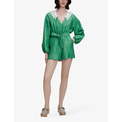 Shop Maje Ifeuille Guipure-collar Linen-blend Playsuit In Verts