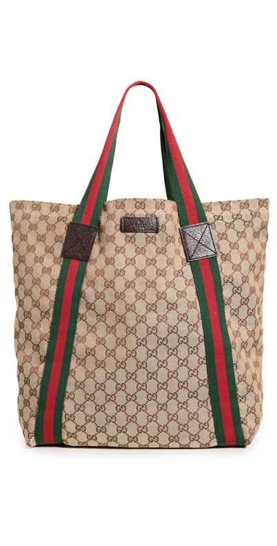 Pre-owned Gucci Canvas Flat Web Tote In Brown