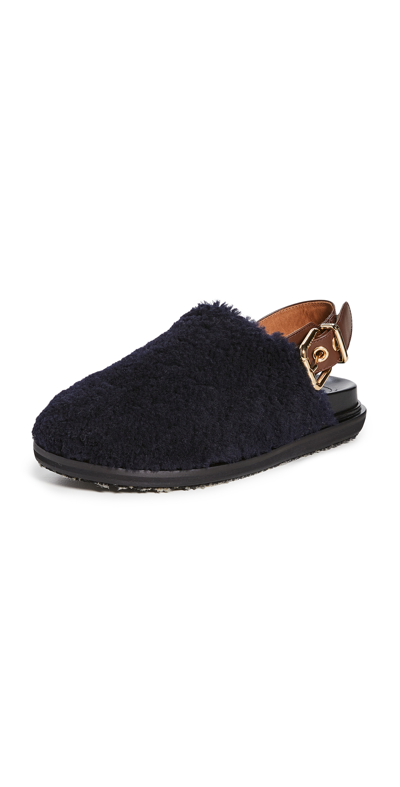 Shop Marni Fussbett Shearling Loafers In Blue Black & Chocolate