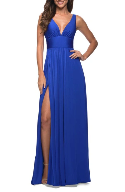 Shop La Femme Simply Timeless Empire Waist Gown In Royal Blue