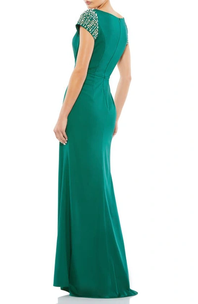 Shop Mac Duggal Beaded Cap Sleeve Satin Sheath Gown In Emerald Green
