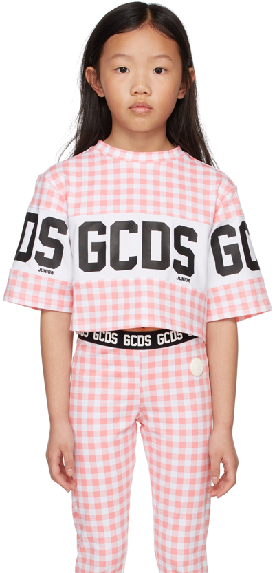 Shop Gcds Kids Pink & White Cropped Checkered T-shirt In 82195 Pink