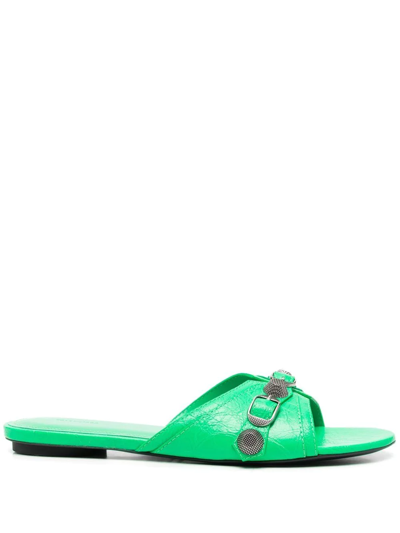 Shop Balenciaga Cagole Leather Sandals In Green