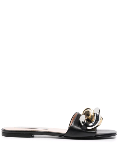 Shop Stella Mccartney Falabella Chain-embellished Flat Sandals In Black