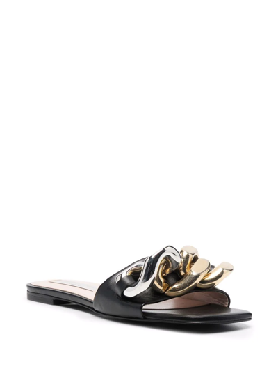 Shop Stella Mccartney Falabella Chain-embellished Flat Sandals In Black