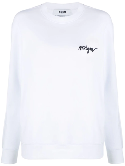 Msgm White Crewneck Sweatshirt With Script Logo In 白色