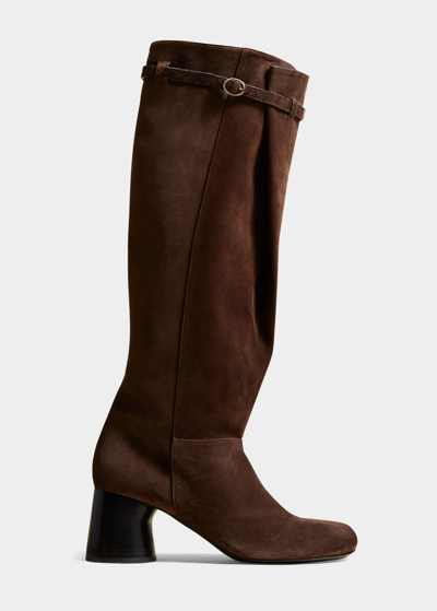 Shop Khaite Admiral Suede Buckle Knee Boots In Coffee