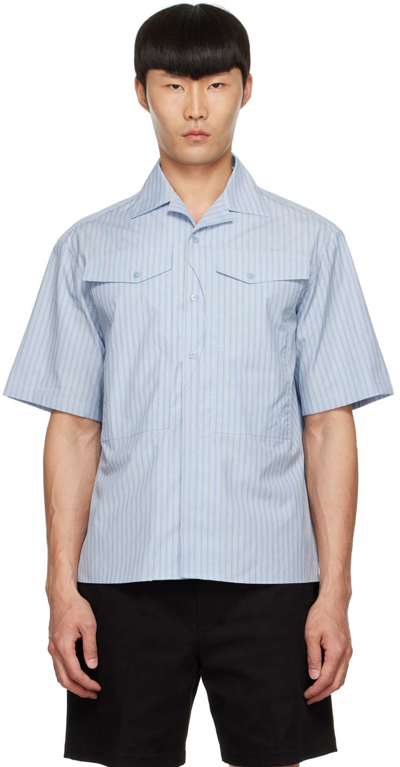 Shop Neil Barrett Blue Workwear Bowling Short Sleeve Shirt In 90 Sky/white