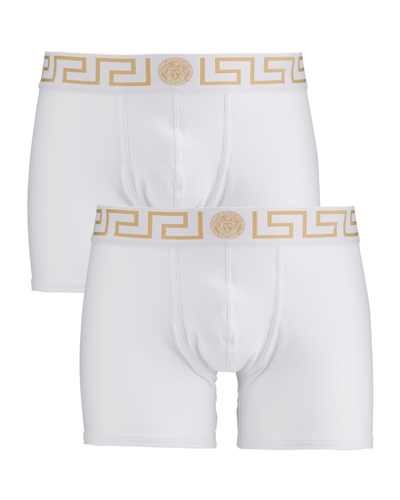 Shop Versace Two-pack Greca Border Long Boxer Trunks In A81h White