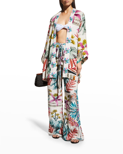 Shop Taj By Sabrina Auburn Printed Long-sleeve Kimono In High Summer Borde