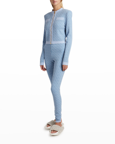 Shop Balmain Jacquard Monogram Wool Leggings In Bleubleu Pale