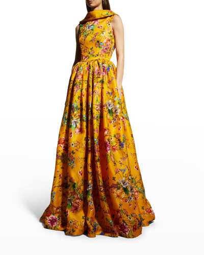 Shop Naeem Khan Floral-print Boat-neck Fit-&-flare Gown In Yellowmulti