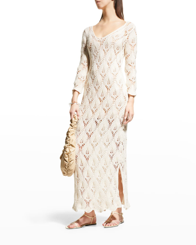 Shop Aeron Shela Crochet Three-quarter Sleeve Maxi Dress In Beige