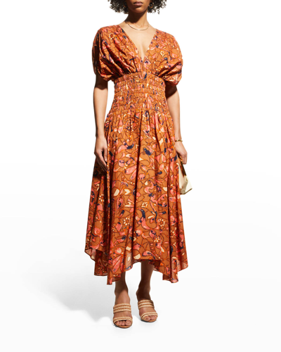 Shop A.l.c Lucia Floral V Neck Smocked Waist A-line Midi Dress In Bronze Tone Multi