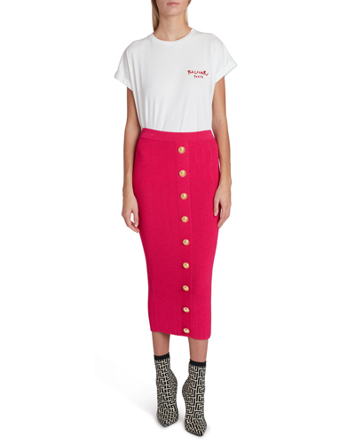 Shop Balmain Button-front Knit Pencil Midi Skirt In Fuschia